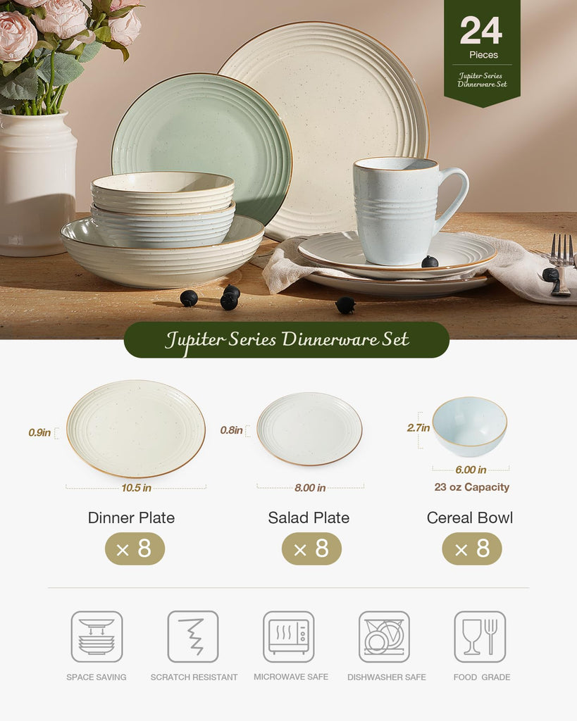 Jupiter Dinnerware Sets, Stoneware Dishes for 8, Plates and Bowls