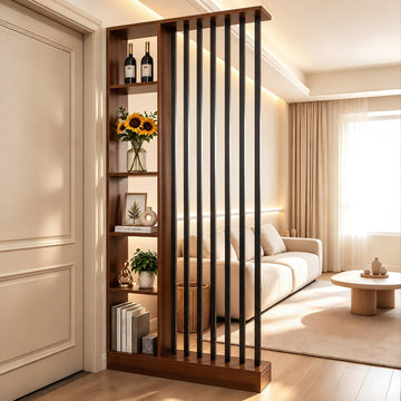 Freestanding Room Divider with Storage Shelves, Slatted Partition Bookcase