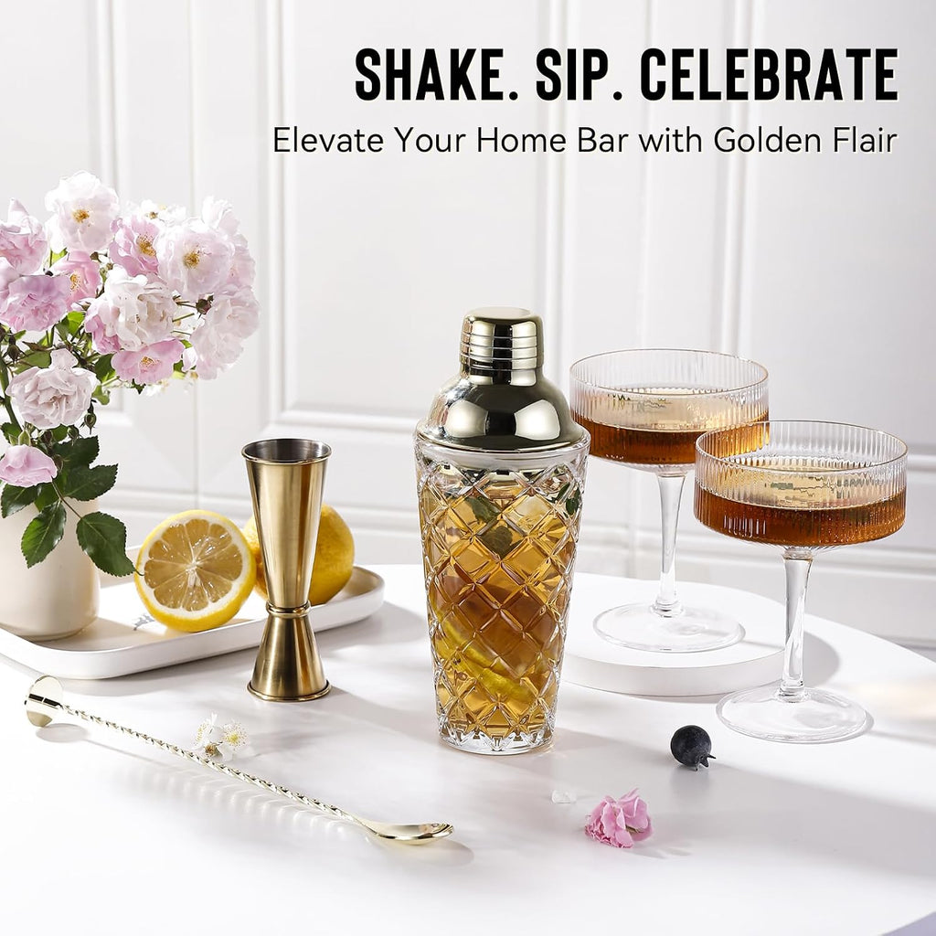 Cocktail Shaker Set with Coupe Glasses - 5-Piece Gift Set Includes Pineapple Glass Shaker with Gold Lid, Jigger, Bar - Set of 5