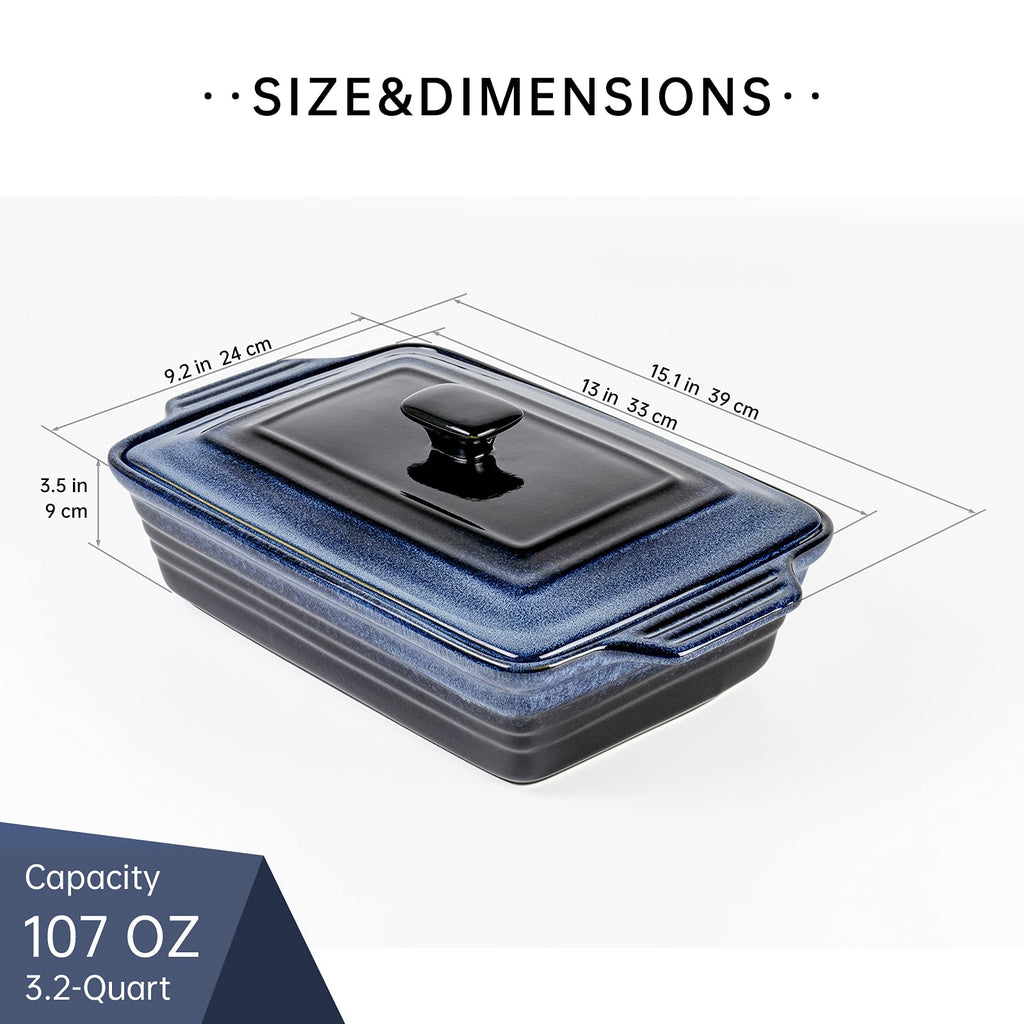 Casserole Baking Dish with Lid - Ceramic Blue Lasagna Pan 3.2 Quart, Large Covered Bakeware Set 9x13 for Cooking