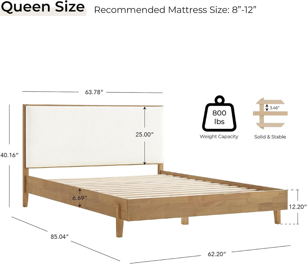 Queen Size Platform Bed Frame, with Boucle Upholstered Headboard, Oak