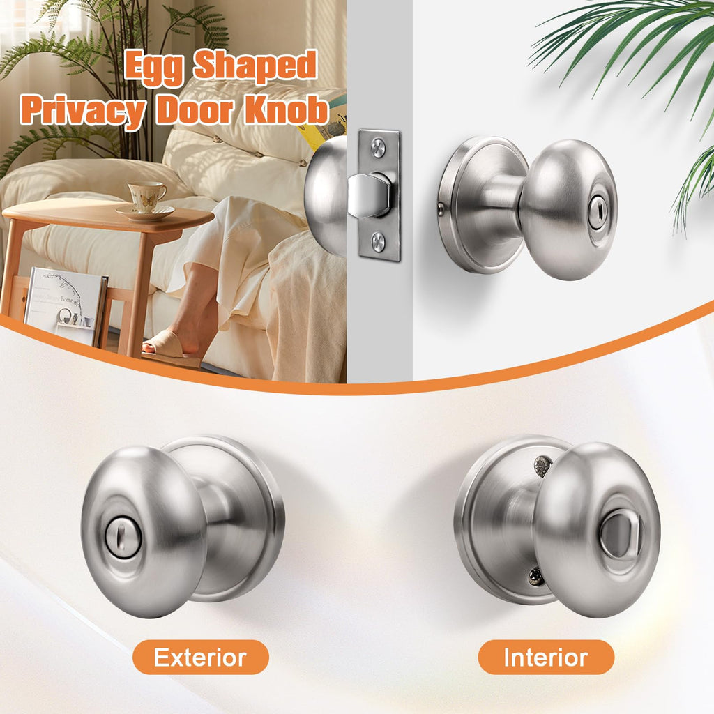 6 Pack Oval Door Knobs Satin Nickel Privacy Door Handles Egg Shaped Door Knobs Interior Door Knobs Without Key