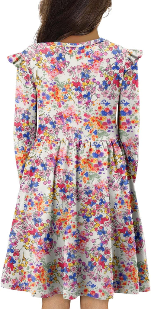 Girls Long Sleeve Dress Casual A Line Ruffle Twirly Skater Dresses