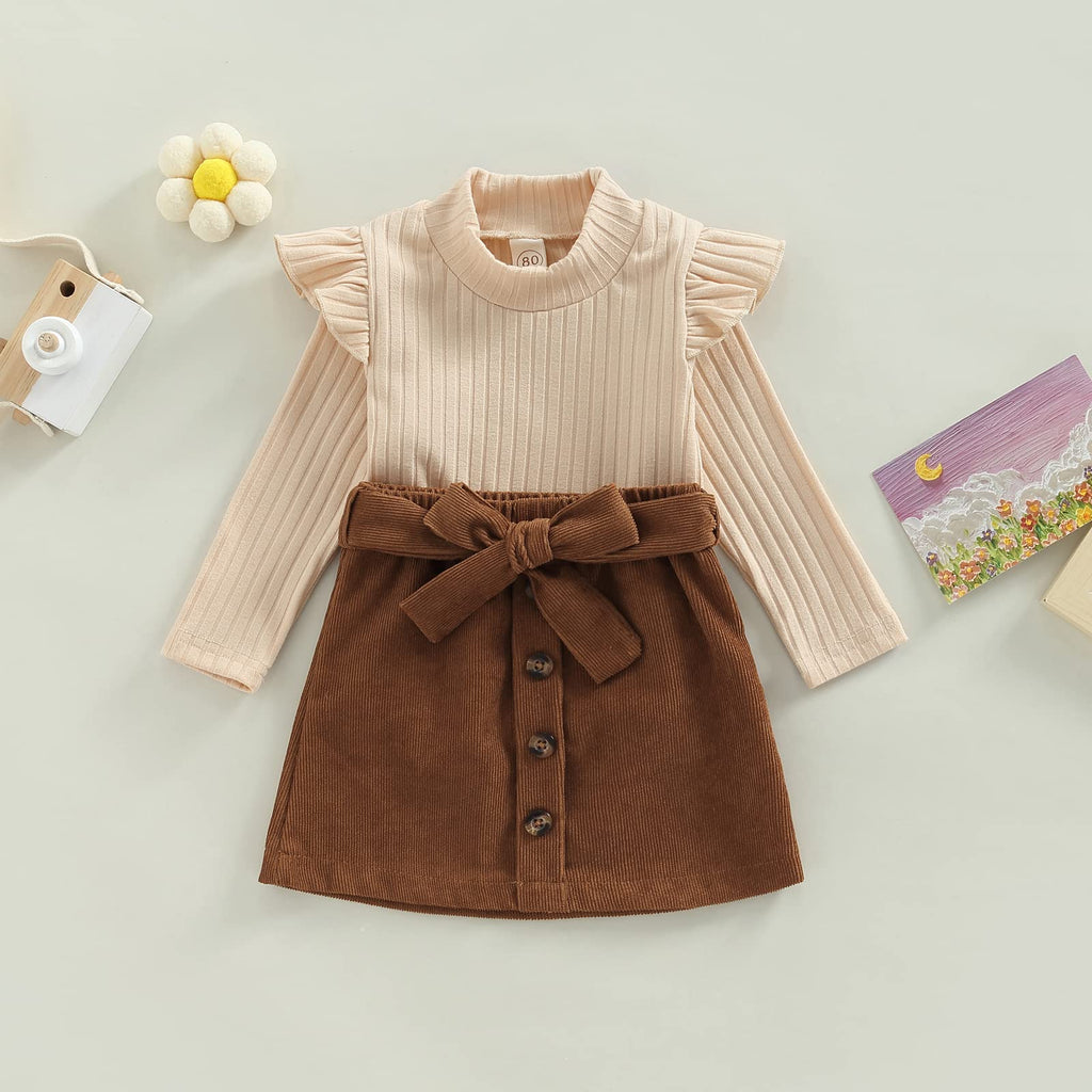 Toddler Baby Girl Fall Winter Skirt Set Turtleneck Ribbed Long Sleeve T-Shirt Top & Plaid Skirts Dress 2Pcs Outfits