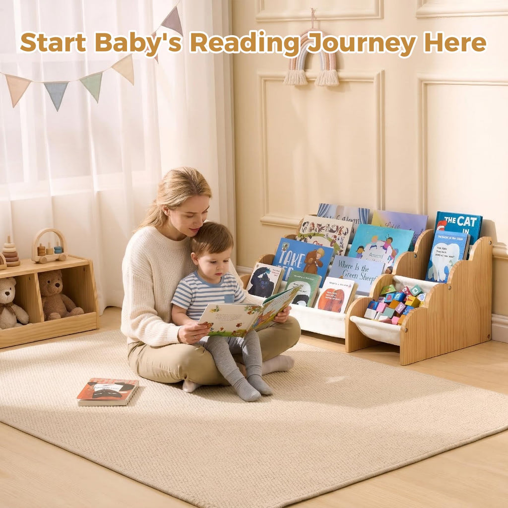 4-Tier Wooden Bookshelf with Storage, Front-Facing Sling Bookcase Organizer with Wavy Edge, Perfect for Playroom