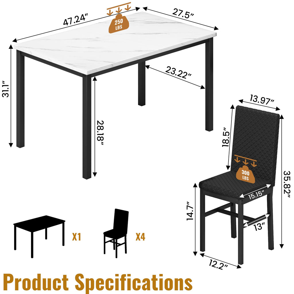 Dining Table Set for 4 Kitchen Table and Chairs Set of 4 Faux Marble Dining Room Table Set Dinner Table with 4 PU