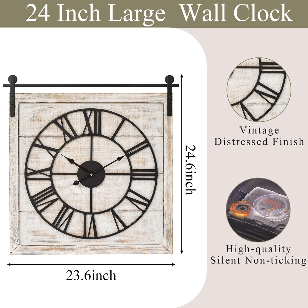 24 Inch Large Rustic Wall Clock, Farmhouse Square Wood Frame with Black Metal Barn Door Style Hanging Rod, Silent