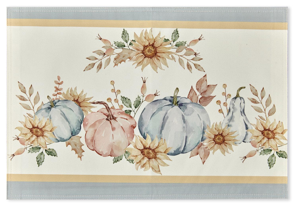 Blue Pumpkin Bordered Thanksgiving Tabletop, Stonewashed Fall Pumpkin and Sunflower Cottage Print Easy Care Fabric