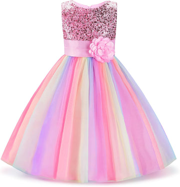 Little Girl's Sequin Sleeveless Mesh Rainbow Dress for Wedding Party