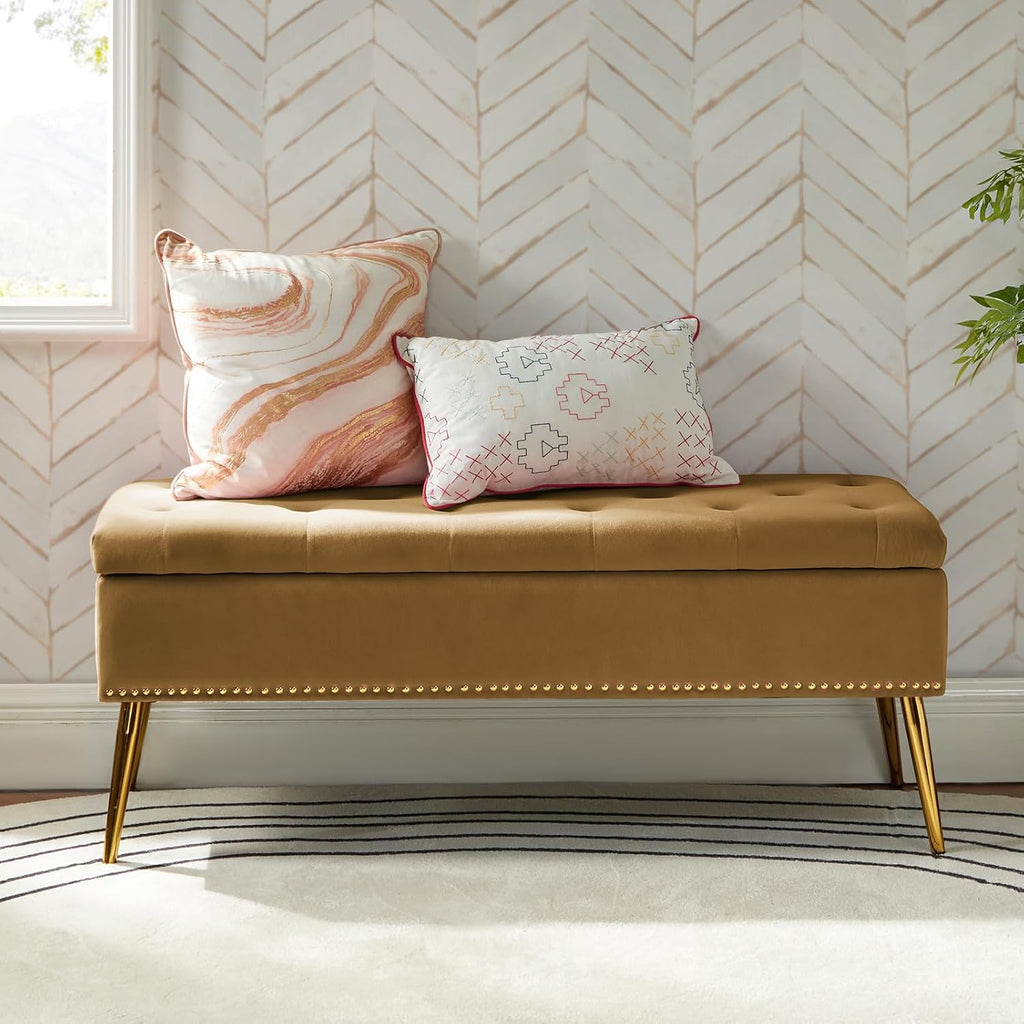 45.5" Luxury Velvet Storage Ottoman Bench with Button Tufted & Nailhead Trim, Upholstered Entryway Benches with Gold