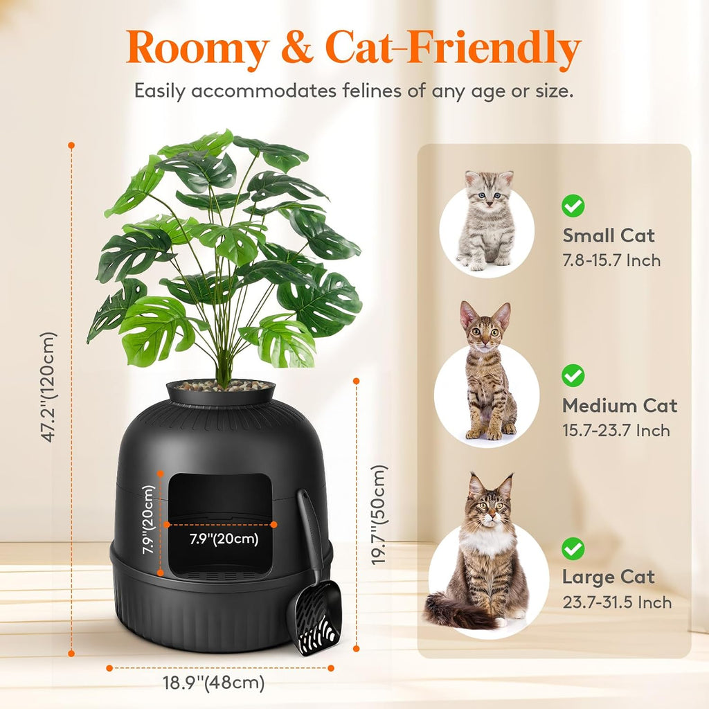 Hidden Plant Cat Litter Box with Stainsteel Scoop, Black
