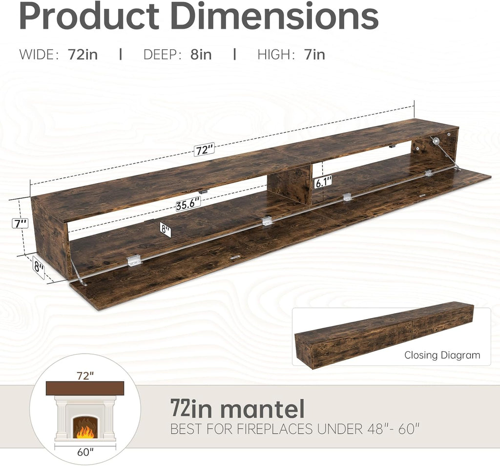 72inch Shelf with Hidden Storage - MDF Wood Wall-Mounted Shelf, Farmhouse Floating Mantel for Fireplace or Living