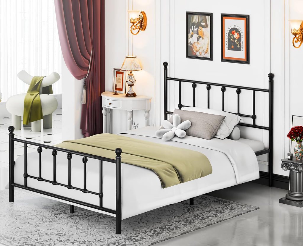 14 Inch Victorian Vintage Metal Platform Bed Frame with Headboard and Footboard, Underbed Storage, No Box