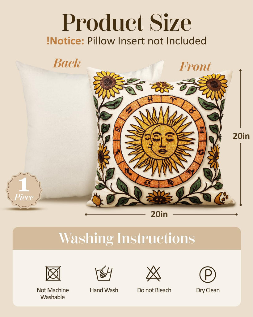 Embroidered Throw Pillow Cover 20x20 Inch, Sunflower Moon