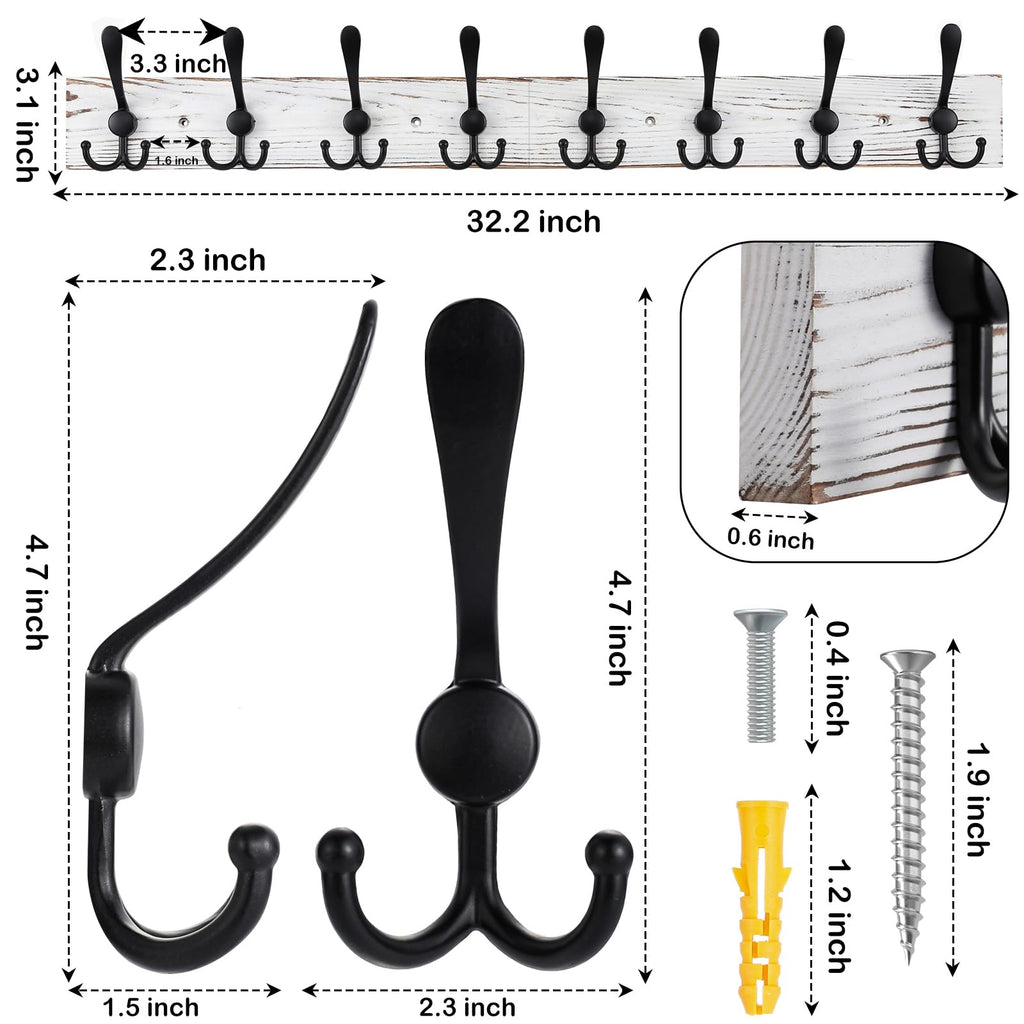 32.2'' Large Coat Rack Wall Mount Coat Hooks with 8 Metal Black Triple-Hooks Old White Pine Real Wood Plank Hat Rack