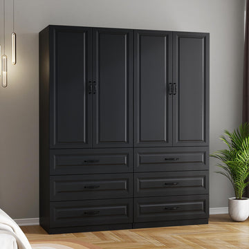 Black Wardrobe Closet with 6 Drawers and 4 Doors, 75" H x 63" W