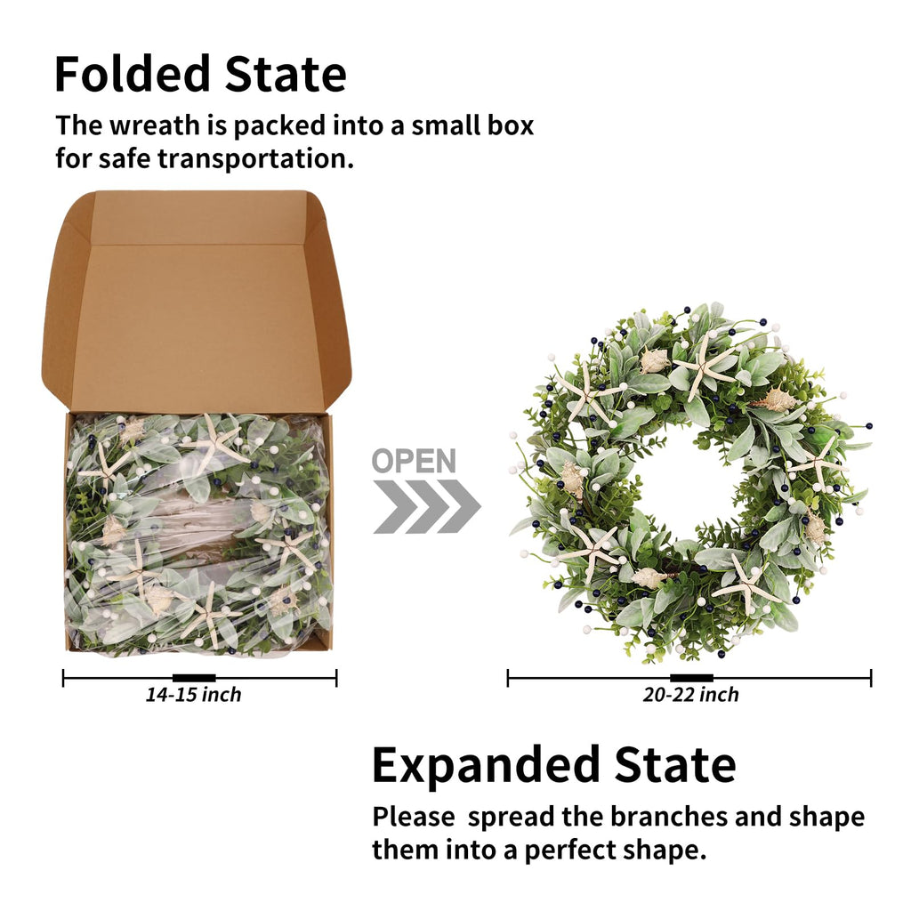 22 Inch Coastal Summer Beach Wreaths for Front Door, Artificial Eucalyptus Greenery Wreath with Starfish Conch
