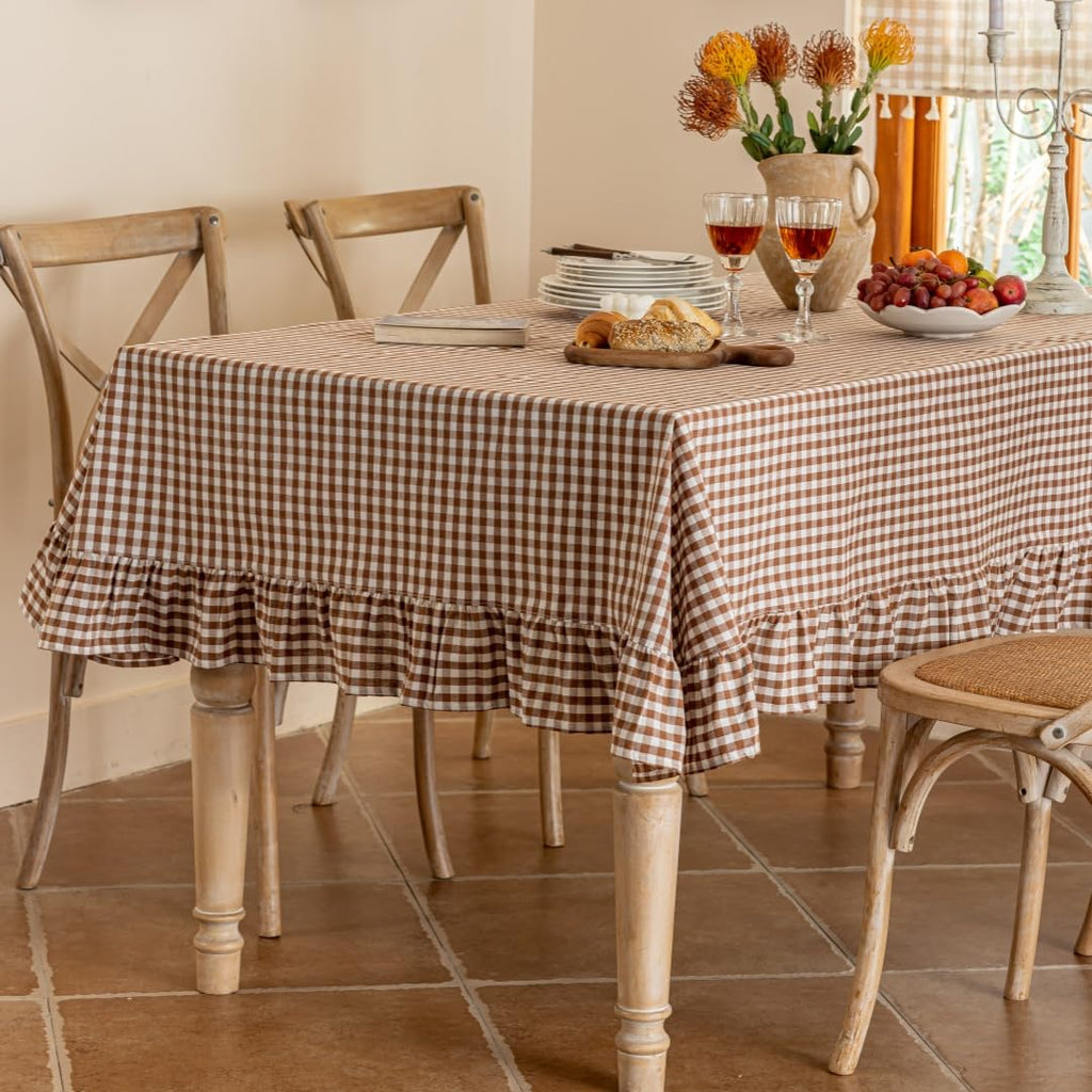 Coffee Plaid Ruffled Table Cover Linen Rectangle Gingham Tablecloth Classic Farmhouse Vintage Checkered Table Cover