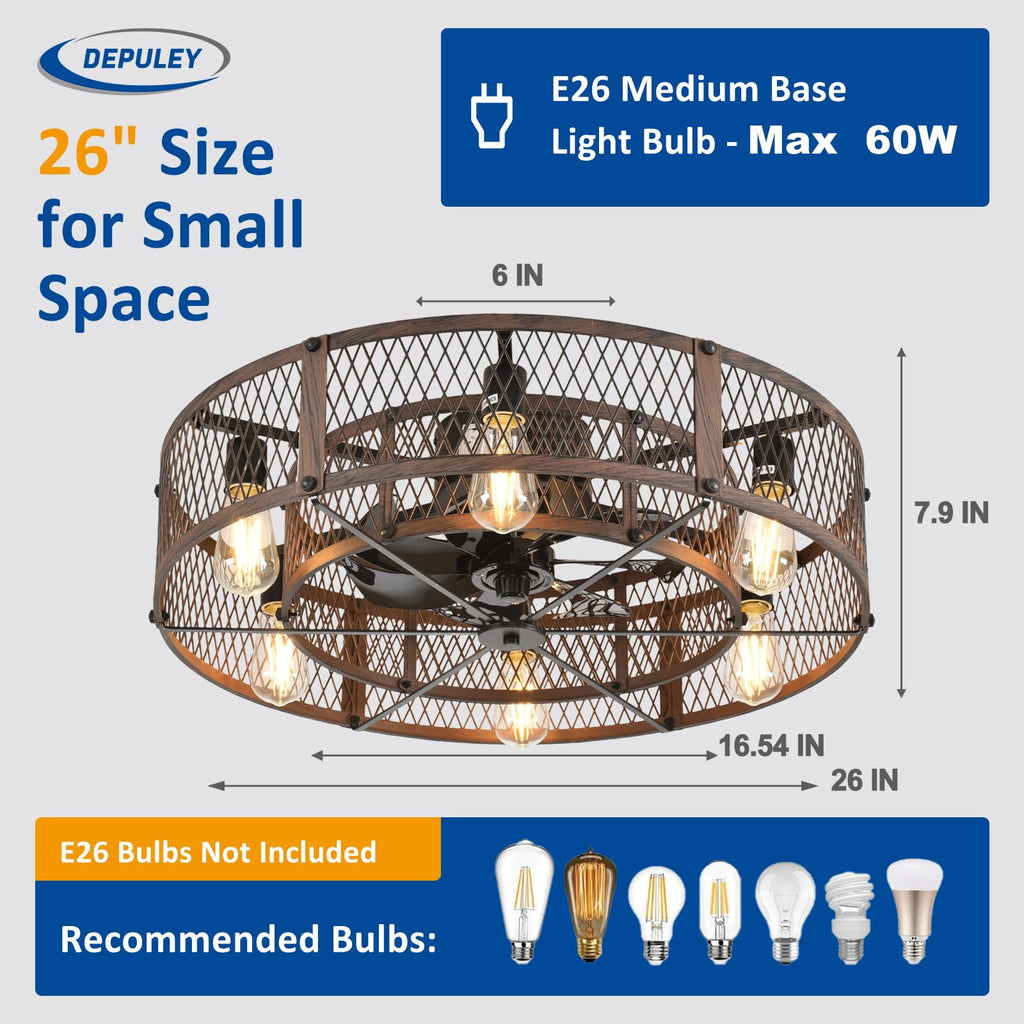 Flush Mount Ceiling Fan: 26" Caged Ceiling Fans with Lights and Remote Control Bedroom Farmhouse - Rustic Low Profile