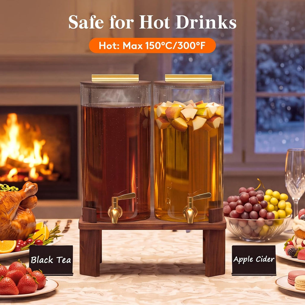 1.5 Gallon Glass Drink Dispenser with Wood Stand & Leakproof Spigot - Set of 2