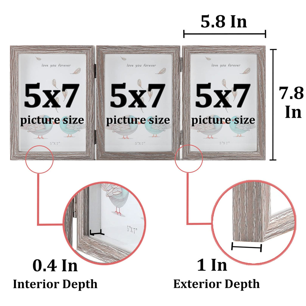 Triple 5x7 Picture Frames Hinged Wood 3 Opening Frame Display Gray