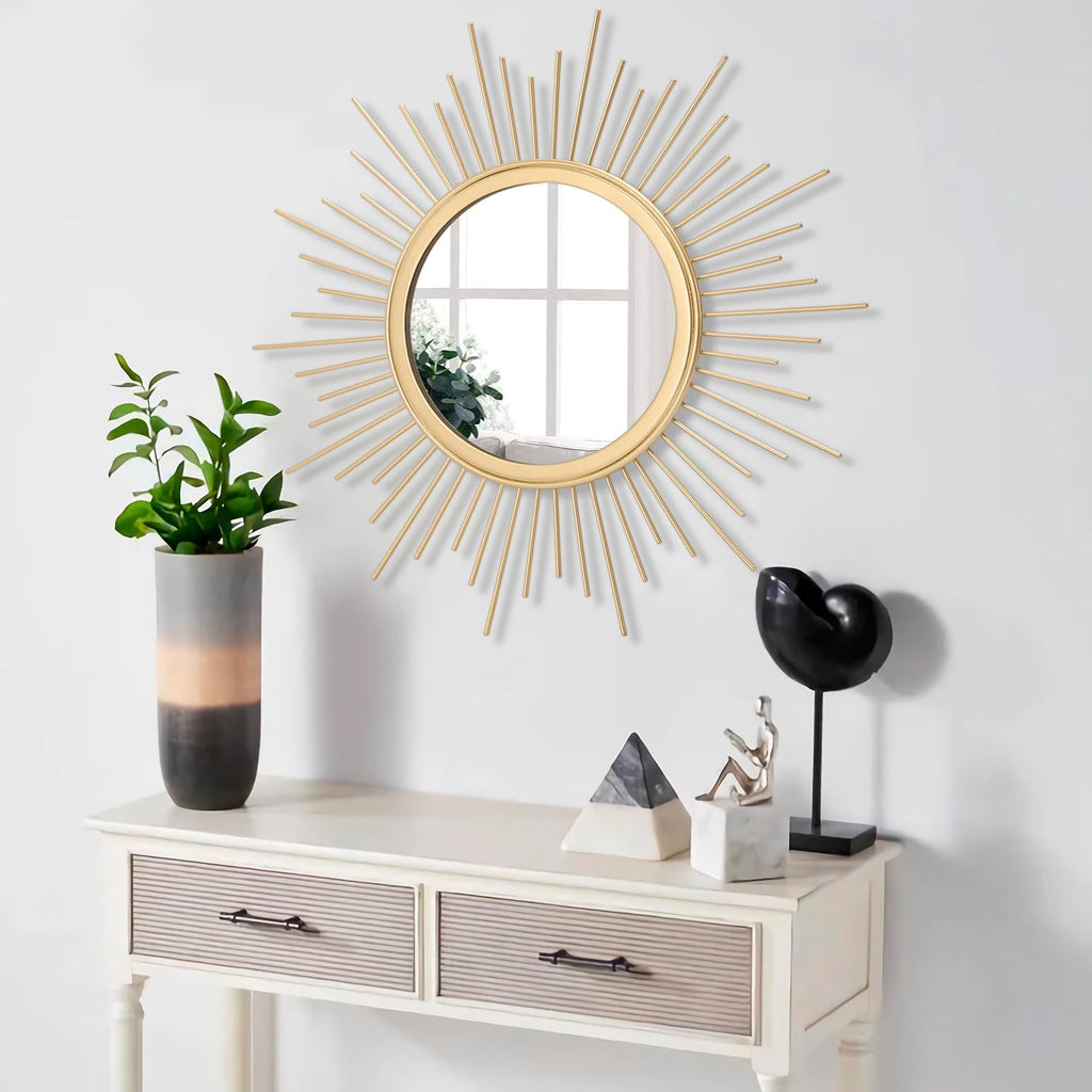 Large Gold Spoked Sunburst Wall Mirror Boho Home Decor Round Wall Art Mirror Modern Metal Mirrors for Wall Living
