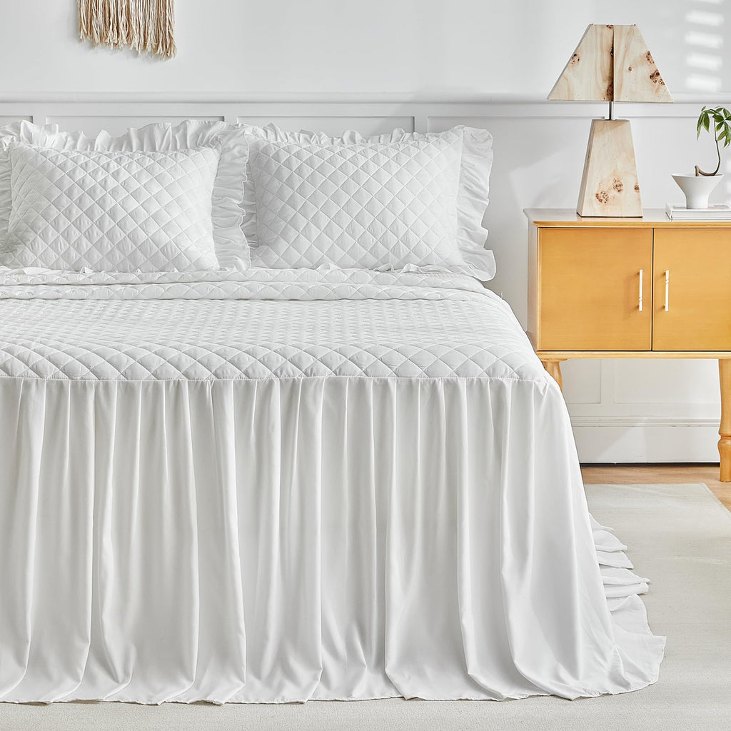 Ruffle Skirt Bedspread Set - 30" Long Drop - Vintage Chic Ruffled Summer Coverlet Bed Spreads Quilt Boho Bedding