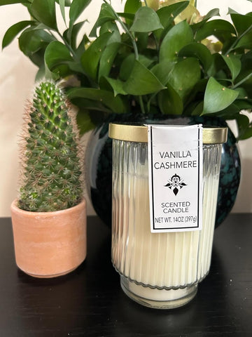 Art Deco Vanilla Cashmere Scented Candle 14oz - Premium Long-Burning Candle in Tall Glass Jar with Metal Lid - Warm - Set of 14
