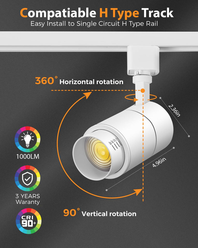 Zoomable 10W LED Track Lighting Heads H Type, White 4 Pack