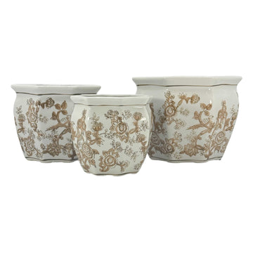 Brown & White Round Fluted Floral Porcelain Ceramic Plant Flower Planter Pot Set of 3 (7.5", 10", 13") Garden Pots