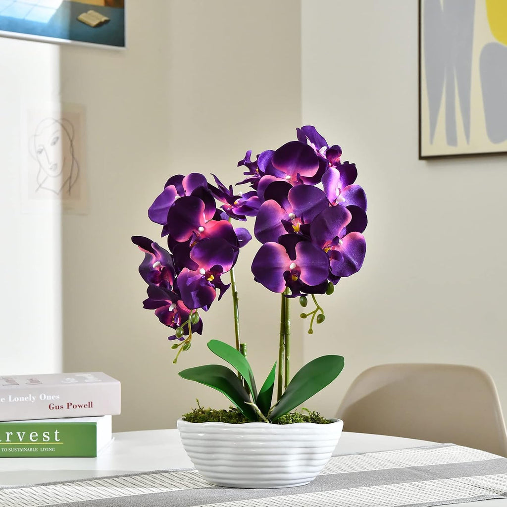 Large Artificial Orchid Arrangement in Oval Ribbed Ceramic Pot, Dark Purple