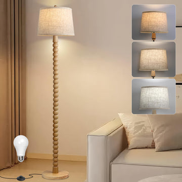 Real Wood Floor Lamp, Wooden Standing Lamp with 3 Color Changing Bulb Included, Tall Lamp with Linen Shade, Farmhouse