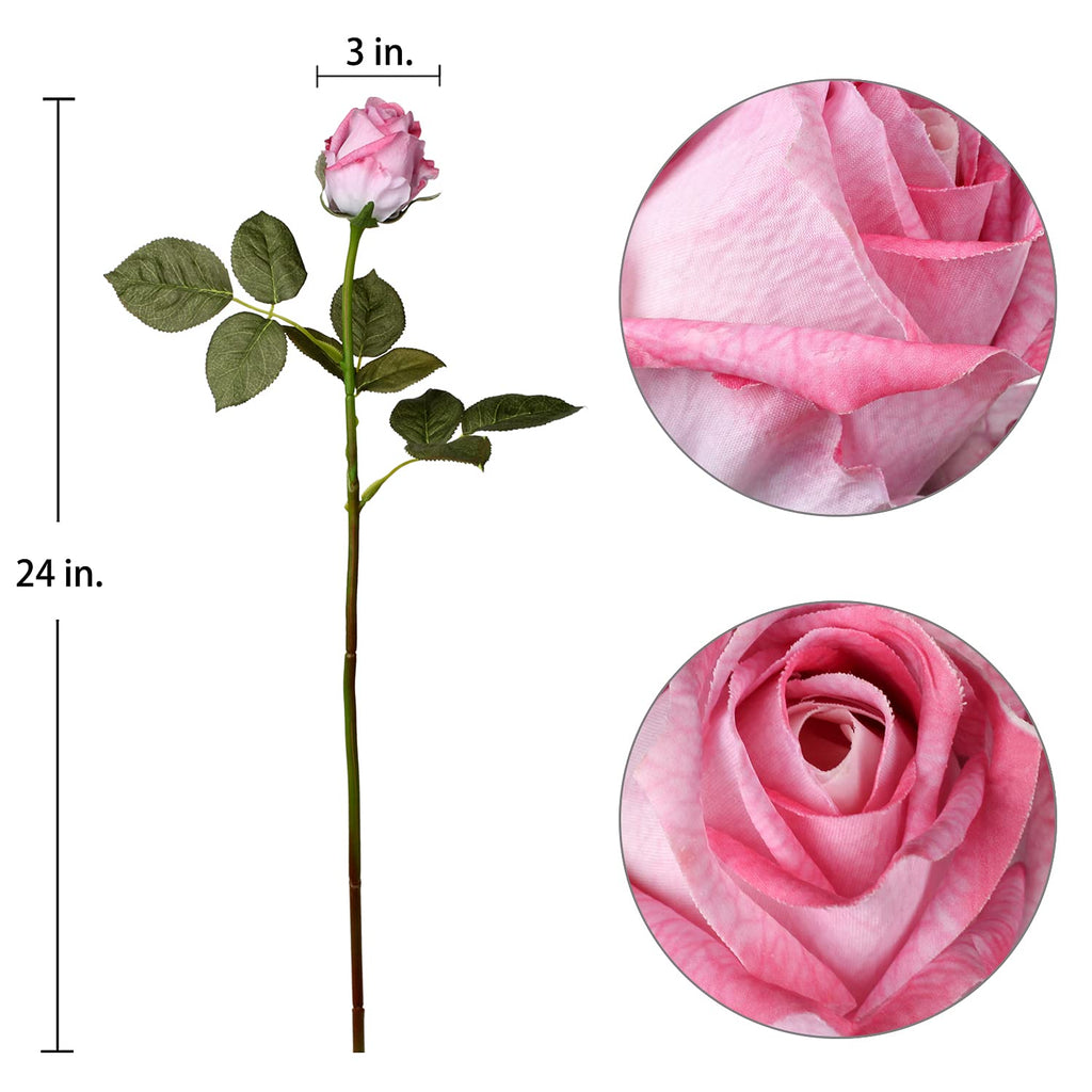 Artificial Realistic Roses Pink 24" Real Touch Silk Roses Bouquet Long Stems Rose Fake Roses Decor Party Wedding