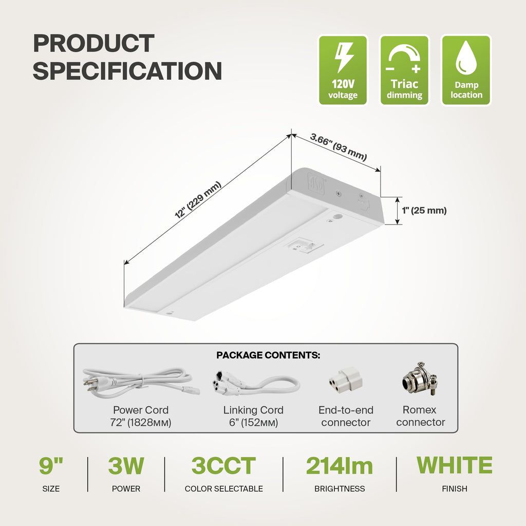 LED Under Cabinet Lighting, 9 Inch 3W, Plug in or Hardwired