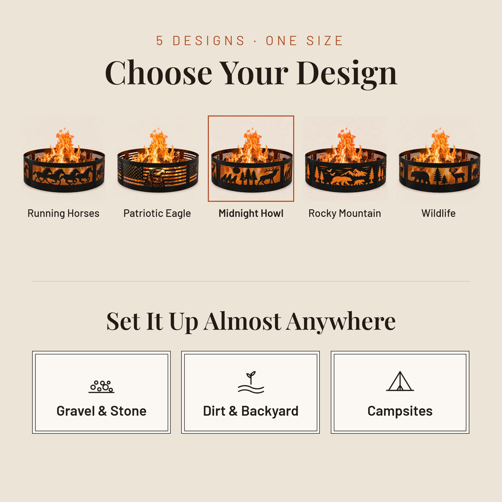 Fire Horse 36 Inch Fire Pit Ring - Heavy Duty Wood Burning Fire Ring Insert - Outdoor Steel Campfire Bonfire Pit