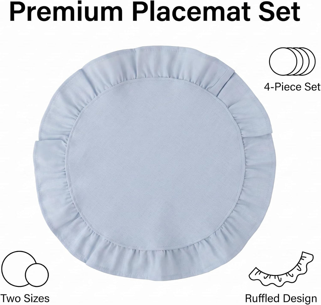 Round Ruffled Linen Blend Placemats, 15 Inch Scalloped Table Mats - Set of 4