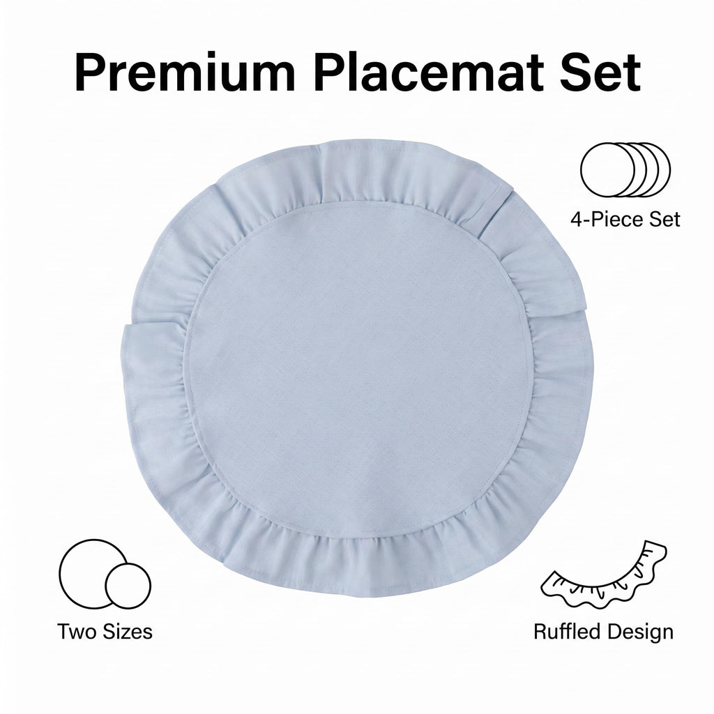 Round Ruffled Linen Blend Placemats,13.8 Inch Scalloped Table Mat, Set of 4
