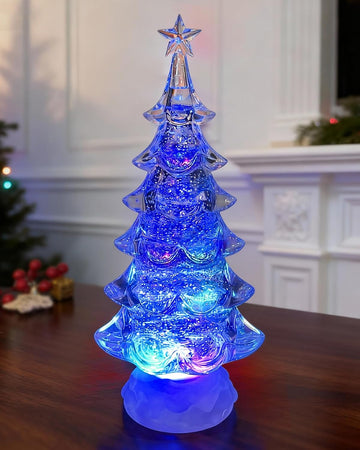 Snow Globe Christmas Tree - 12.4" Lighted Christmas Snow Globe Lantern with Color Changing LED, Battery/USB Operated