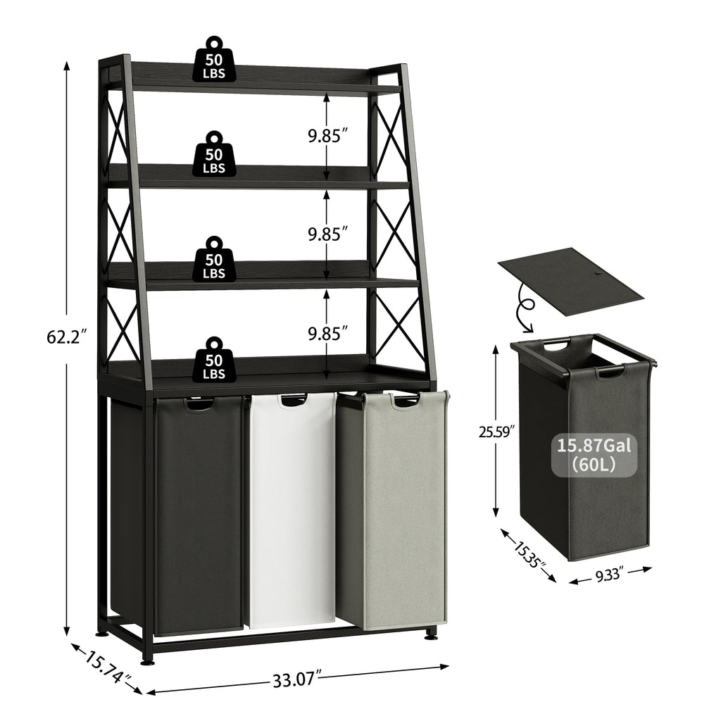 Laundry Basket, 3 Section Laundry Hamper with 4 Tiers Shelf, Pull-Out and Removable Laundry Bags, Large 3 x 15.87