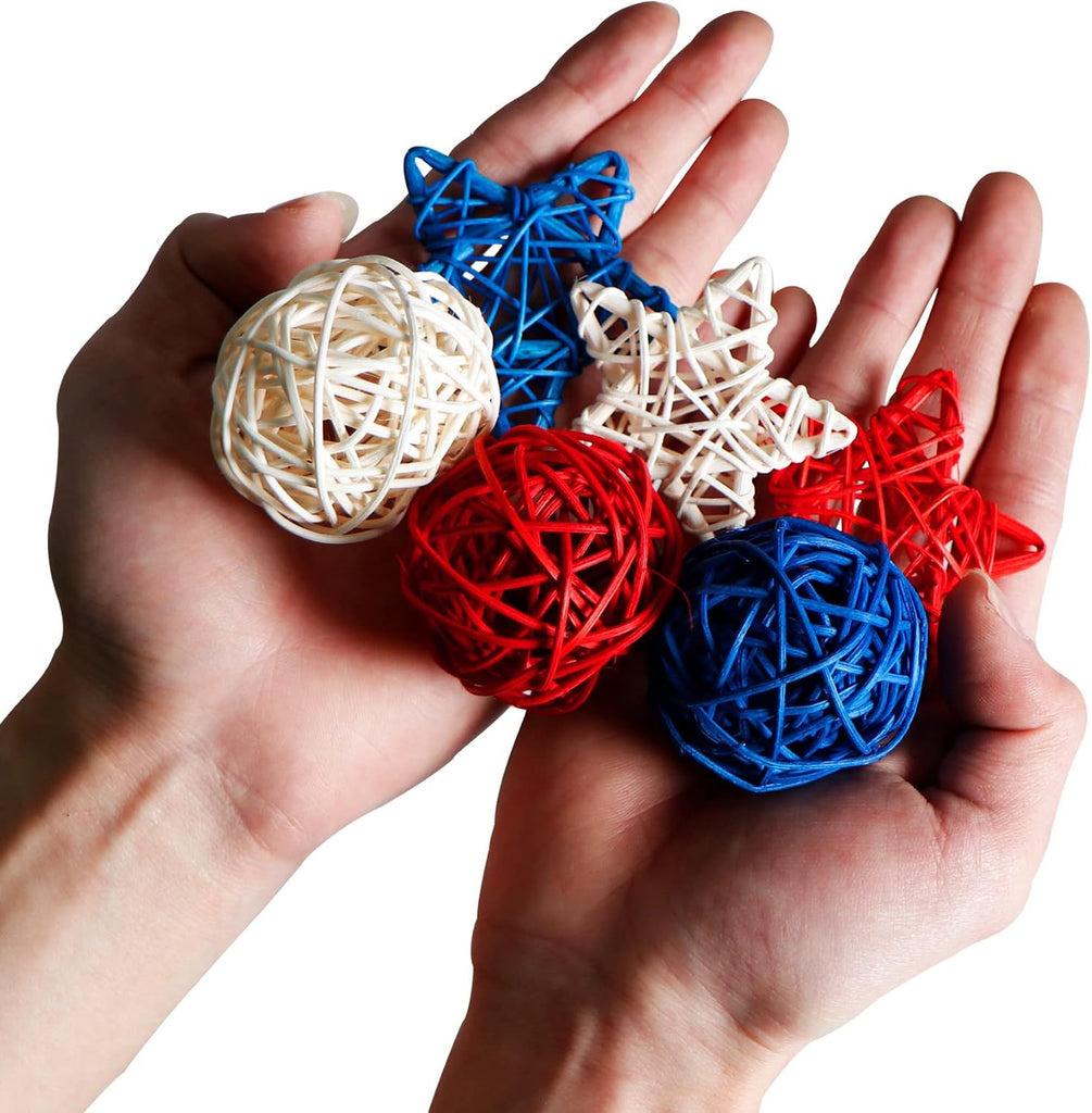 4th of July Rattan Balls Decorations, 2 Inch Star Shaped Wicker Balls & Red White and Blue Wicker Balls - Set of 36