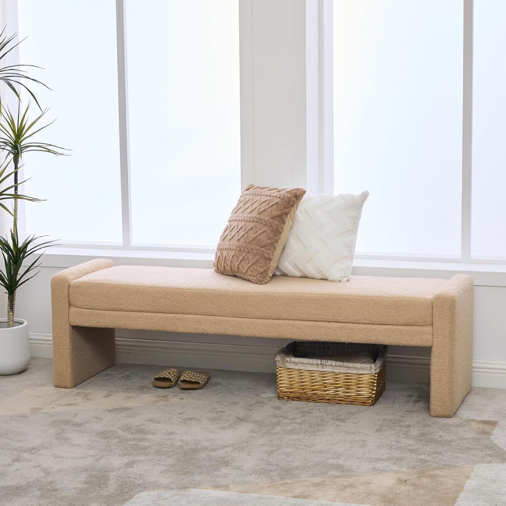 66.9" W Modern Boucle Shoe Bench King Size End of Bed Bench, Wheat. | Shoe Ottoman Upholstered King Size End of Bed