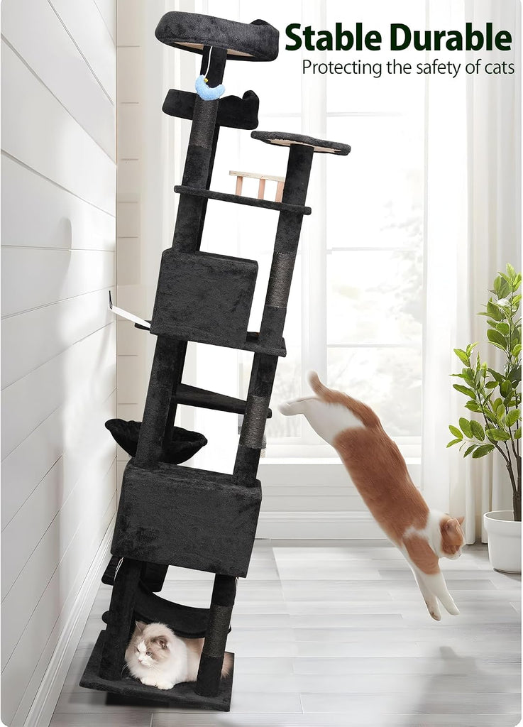 Black Cat Tree, 79in Tall Tower for Multiple Indoor Cats Large Adult