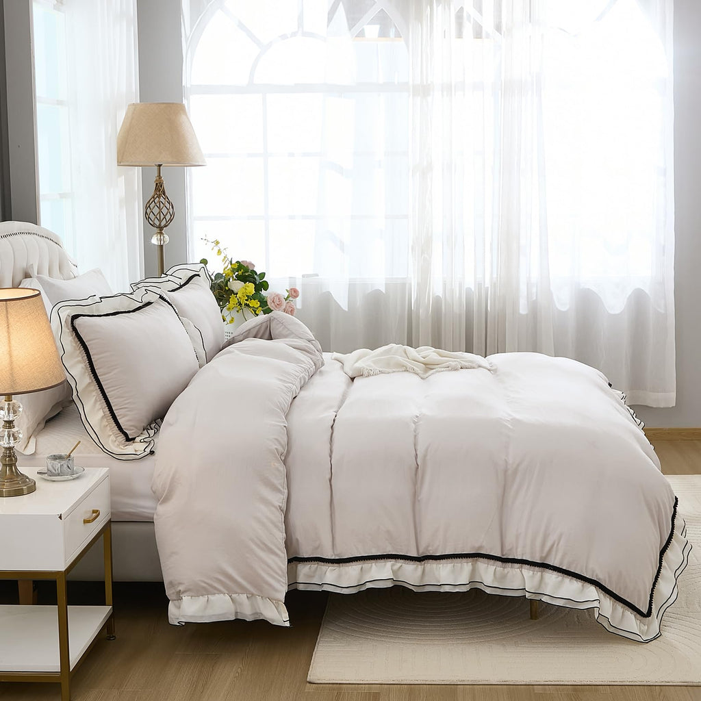 Grey Ruffle Comforter Set King Size, Pompoms Chic French Style Boho Bedding Sets, Fluffy Coquette Comforters Sets for