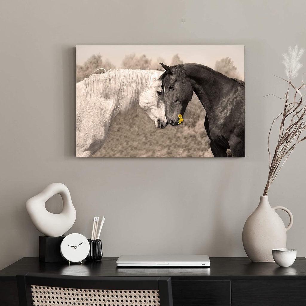 Ranch Horse Canvas Wall Art: Black and White Equines Friendly Painting Lovely Wild Animal Head Prints Country
