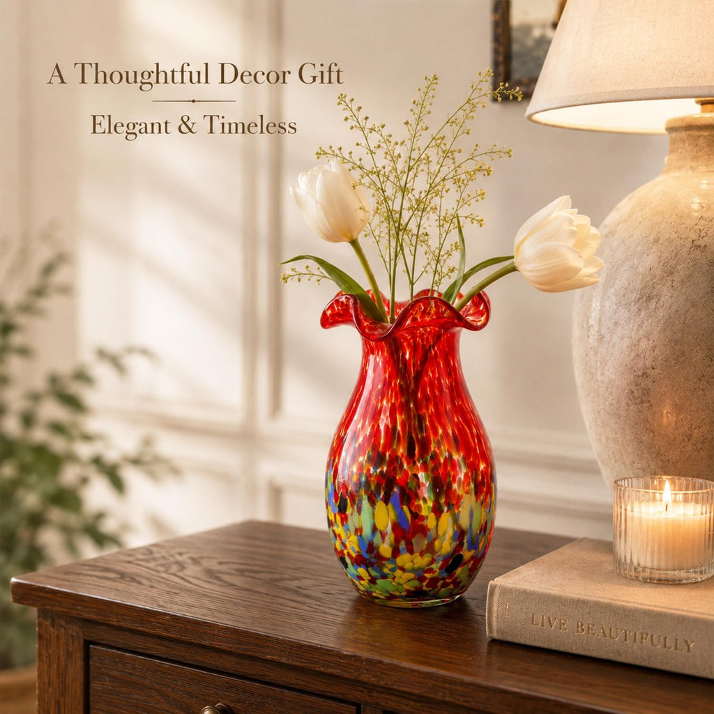 10.6in H Red Hand Blown Glass Vase, Beautiful Wide Mouth Glass Flower Vase