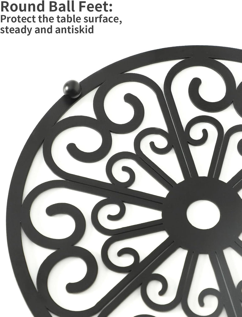 Decorative Round Flower Trivets - 7 Inch Iron Pot Pads, Black Elegant Kitchen and Dining Table Protector - Set of 2