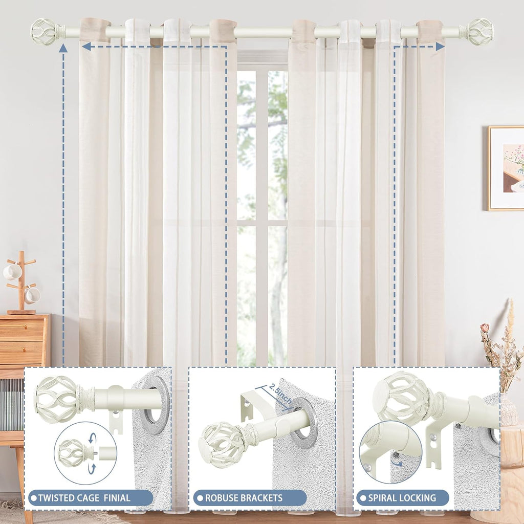 White Decorative Farmhouse Curtain Rod:18-45"Adjustable Heavy Duty Single Window Curtain Rod for Bedroom Living Room