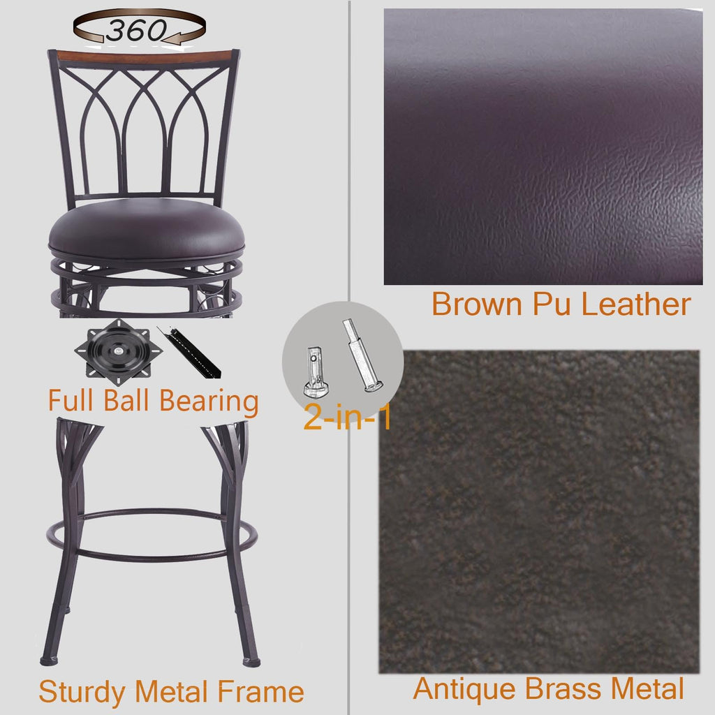 Farmhouse Swivel Bar Stools with Backs Set of 4, Adjustable 25"/30" Industrial Counter & Bar Chairs with Brown PU