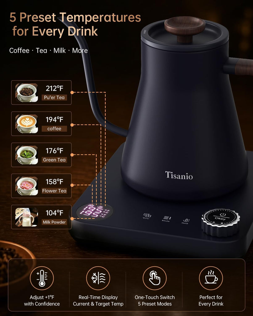 Gooseneck Electric Kettle with Temperature Control, 0.9L, Blue Wood | ±1°F Precision Pour Over Kettle, LCD Dual