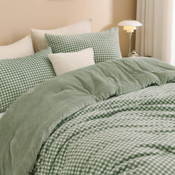 Velvet Flannel Gingham Comforter Set Full, 3 Pcs Sage Blanket